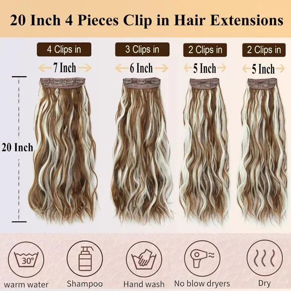 20 Inch Curly Wavy Synthetic Hair Extensions Clip Ins Natural Look Women